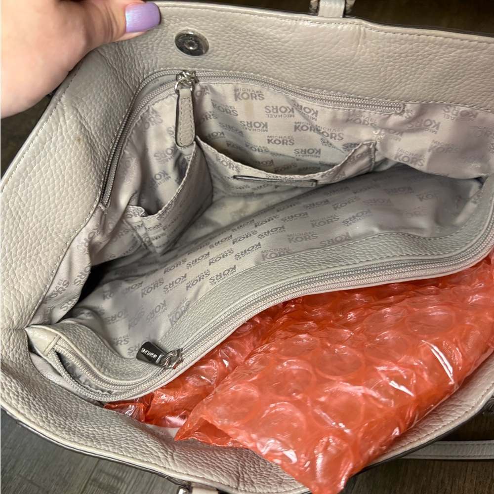Michael Kors Light Gray Pebbled Leather Chain-Accent Tote - Picture 15 of 15